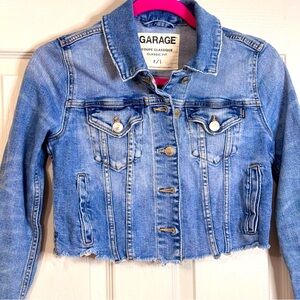 Women’s Garage Denim Distressed Jean Short Jacket Sz Small Blue Ripped Hem EUC